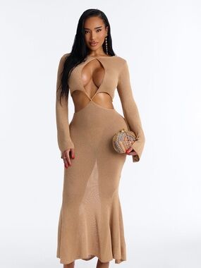 Cutout Long Sleeve Maxi Dress in Camel